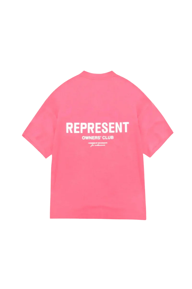 Back view of Represent Owners Club T-Shirt in pink with bold white text