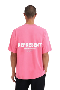 Back view of Pink Represent Owners Club T-Shirt with bold white text for stylish casual wear