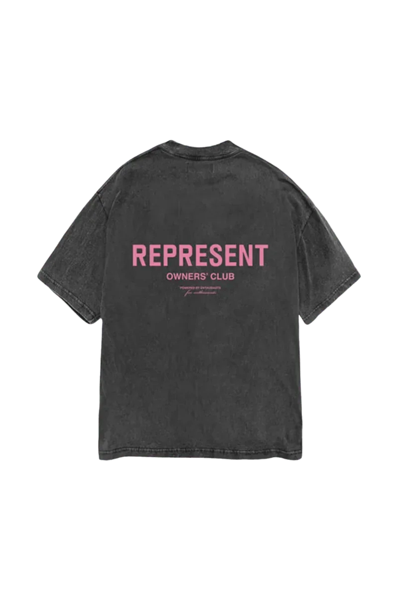 Represent Owners Club Vintage T-Shirt in Black with Pink Logo on Back Design