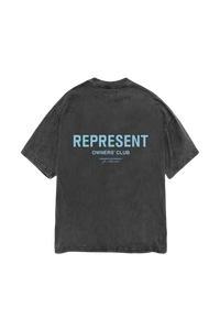 Represent Owners Club Vintage T-Shirt in black with blue logo on the back for a stylish casual look