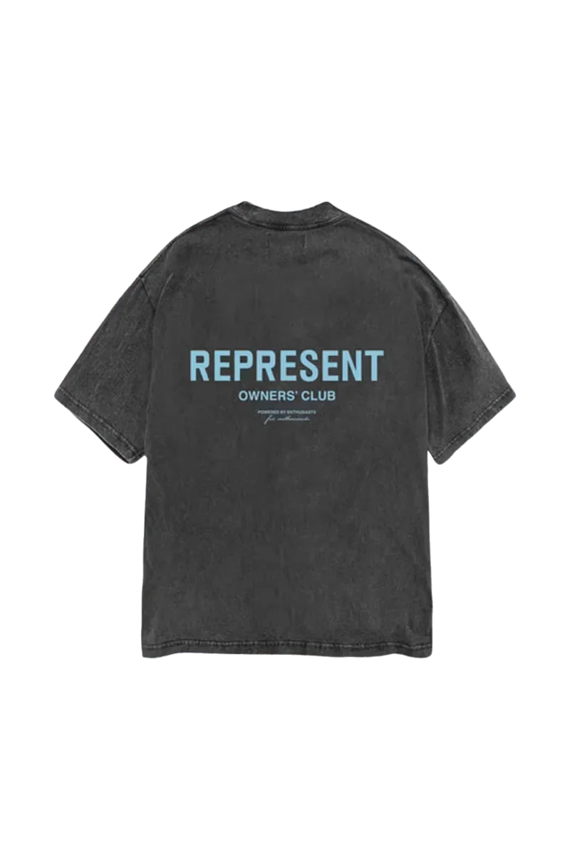 Represent Owners Club Vintage T-Shirt in black with blue logo on the back for a stylish casual look