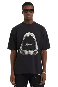Represent Shark Jaws Tee featuring a bold shark mouth graphic on a black t-shirt