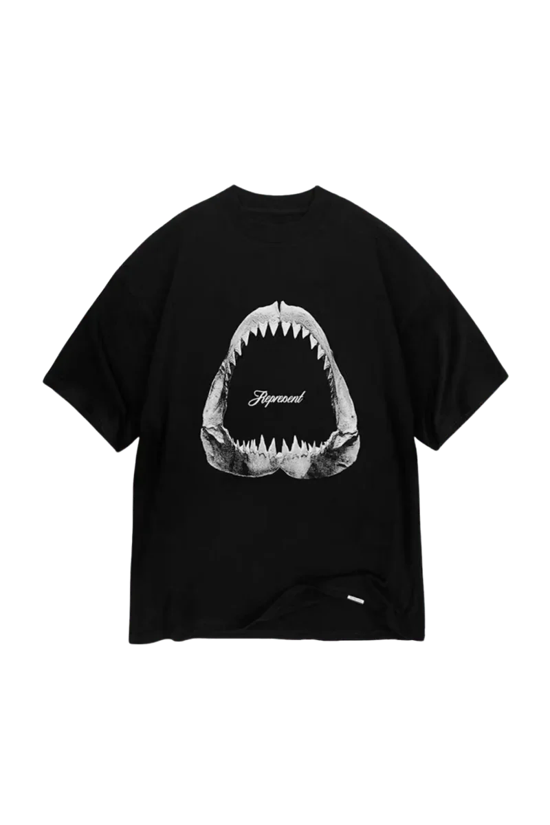 Represent Shark Jaws Tee featuring a large shark mouth graphic on a black shirt