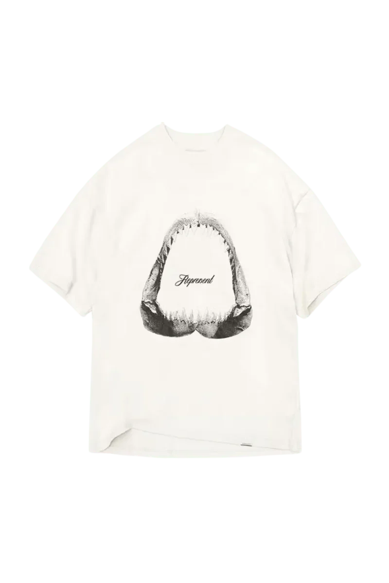 Represent Shark Jaws Tee in White featuring bold graphic design and relaxed fit for casual wear