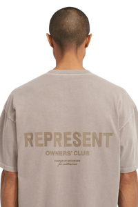 SS24 Owners Club Rubber Logo T-Shirt in gray with a prominent back design showcasing 'REPRESENT' and 'OWNERS' CLUB'