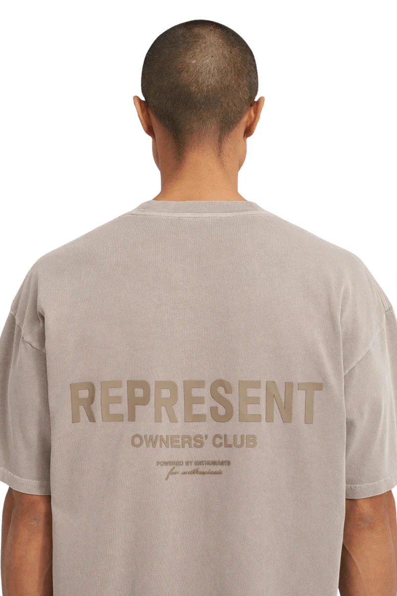 SS24 Owners Club Rubber Logo T-Shirt in gray with a prominent back design showcasing 'REPRESENT' and 'OWNERS' CLUB'
