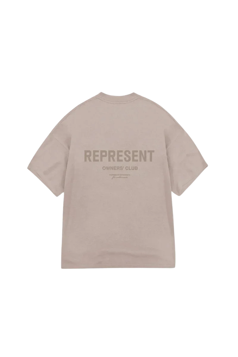 SS24 Owners Club Rubber Logo T-Shirt in beige with bold back printing for casual style