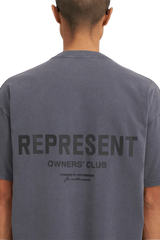 SS24 Owners Club Rubber Logo T-Shirt in gray featuring a bold back print from Represent