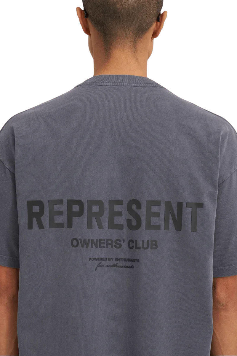 SS24 Owners Club Rubber Logo T-Shirt in gray featuring a bold back print from Represent