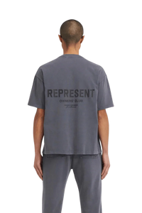 Back view of SS24 Owners Club Rubber Logo T-Shirt by Represent in dark gray color