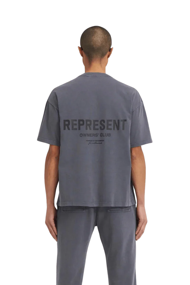 Back view of SS24 Owners Club Rubber Logo T-Shirt by Represent in dark gray color