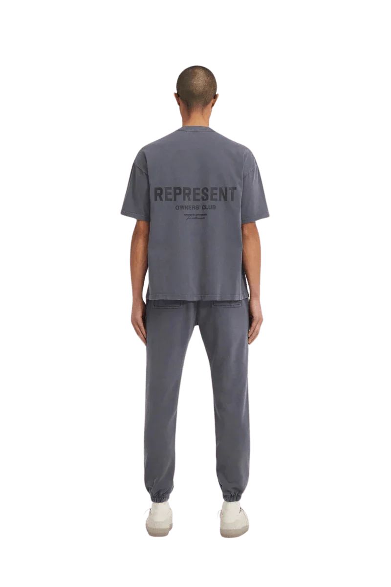 Gray SS24 Owners Club Rubber Logo T-Shirt from Represent featuring a modern design and relaxed fit