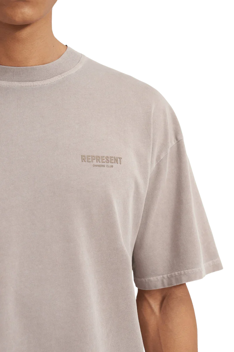 SS24 Owners Club Rubber Logo T-Shirt in Light Gray by Represent with subtle branding on the chest