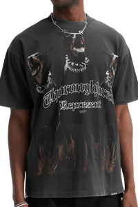 Represent Thoroughbred Tee featuring bold graphics of dogs on a dark background for streetwear style