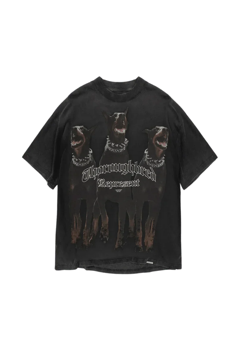 Represent Thoroughbred Tee featuring a bold graphic design of three dogs on a black shirt