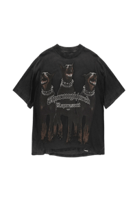 Represent Thoroughbred Tee featuring a bold graphic design of three dogs on a black shirt