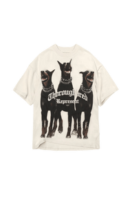 Represent Thoroughbred Tee featuring a graphic of three dogs on a white background