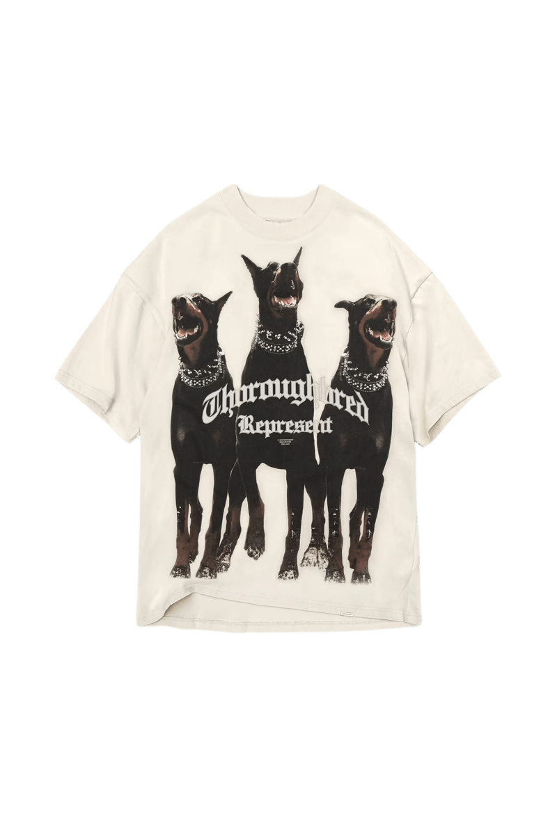 Represent Thoroughbred Tee featuring a graphic of three dogs on a white background