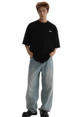 Masonprince Small Logo Basic Tee black oversized fit worn with light wash jeans and black shoes