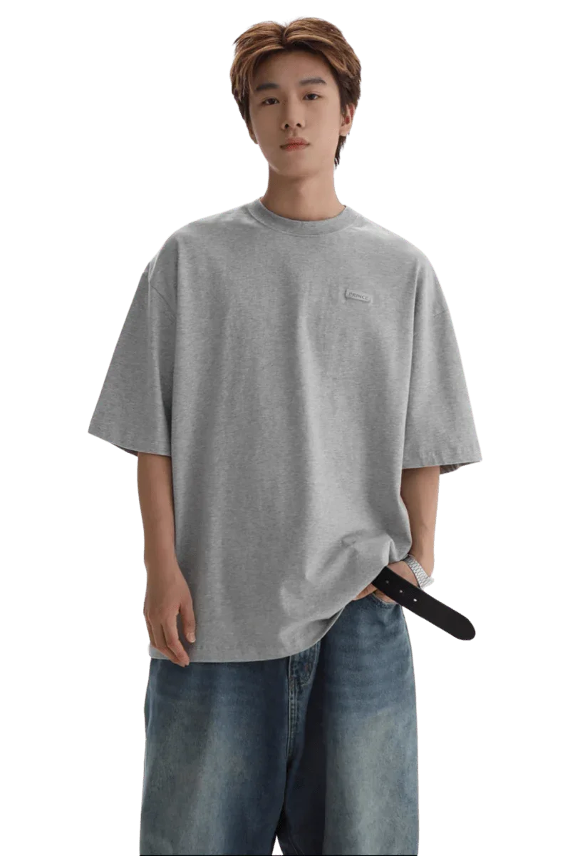 Masonprince Small Logo Basic Tee in gray worn by model with relaxed fit and casual style