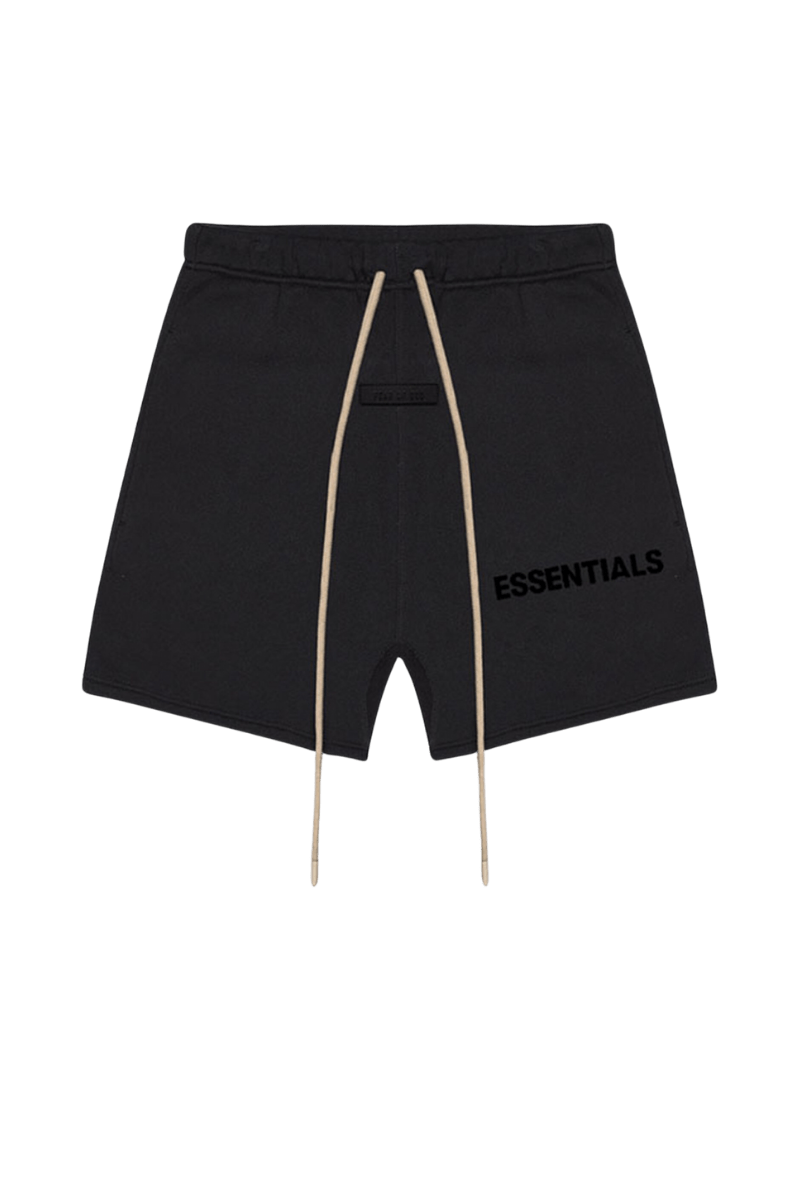 Fear Of God Essentials SS23 Rubber Embossed Shorts in black with adjustable drawstring and logo detail