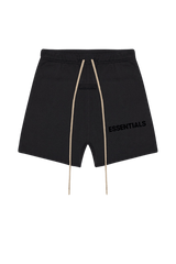 Fear Of God Essentials SS23 Rubber Embossed Shorts in black with adjustable drawstring and logo detail