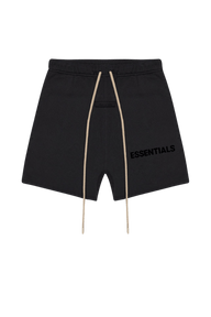 Fear Of God Essentials SS23 Rubber Embossed Shorts in black with adjustable drawstring and logo detail