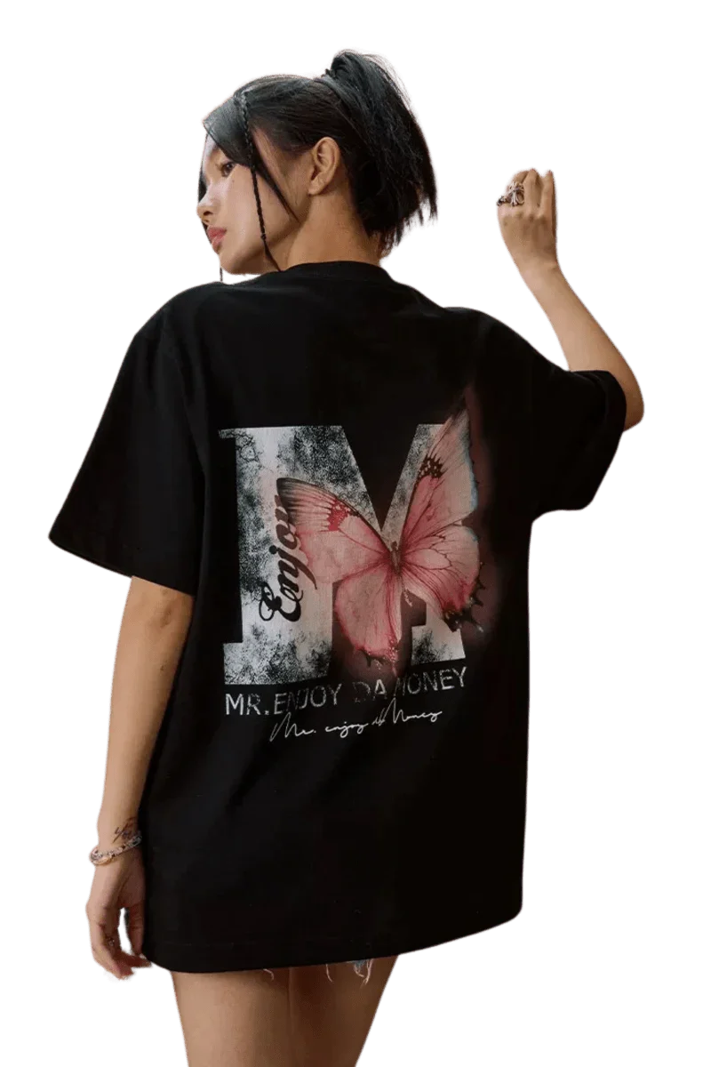 Black SS24 Butterfly Print Tee by Mr Enjoy Da Money featuring a colorful butterfly design on the back