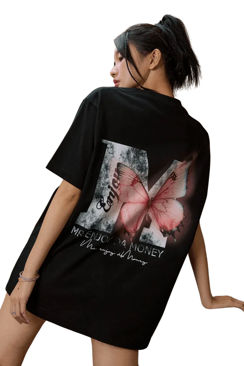 Mr Enjoy Da Money SS24 Butterfly Print Tee in black with large butterfly graphic on the back
