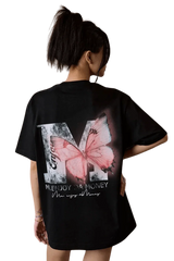 SS24 Butterfly Print Tee by Mr Enjoy Da Money featuring a bold graphic design on a black oversized t-shirt