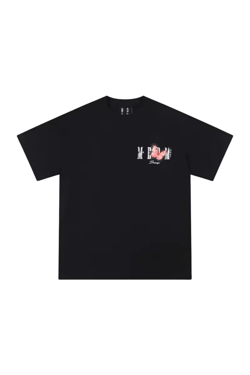 Mr Enjoy Da Money SS24 Butterfly Print Tee in black with vibrant butterfly graphic and relaxed fit