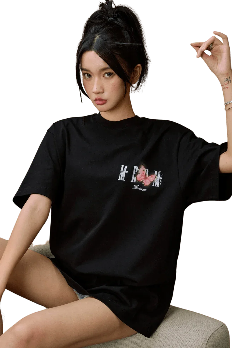 Mr Enjoy Da Money SS24 Butterfly Print Tee in black with stylish oversized fit for casual wear