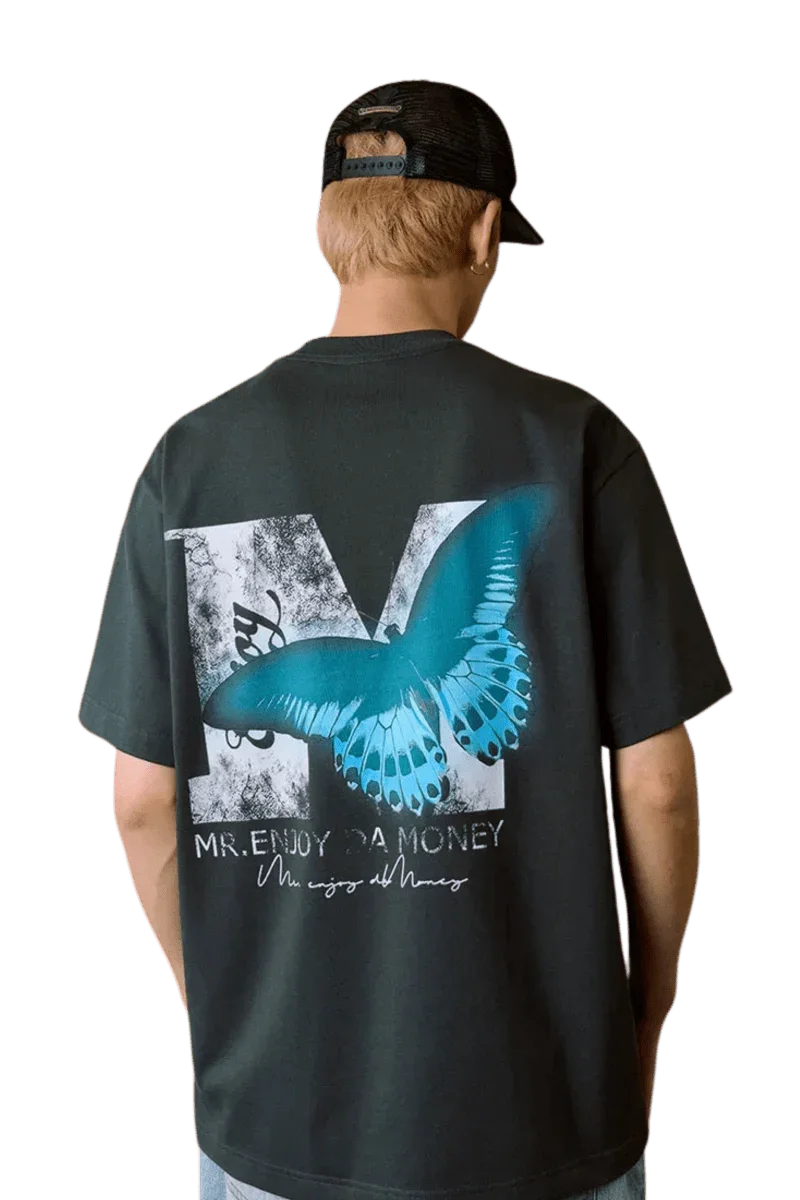 SS24 Butterfly Print Tee from Mr Enjoy Da Money featuring a bold butterfly design on the back