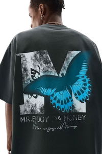 SS24 Butterfly Print Tee by Mr Enjoy Da Money featuring a vibrant blue butterfly graphic on a black shirt