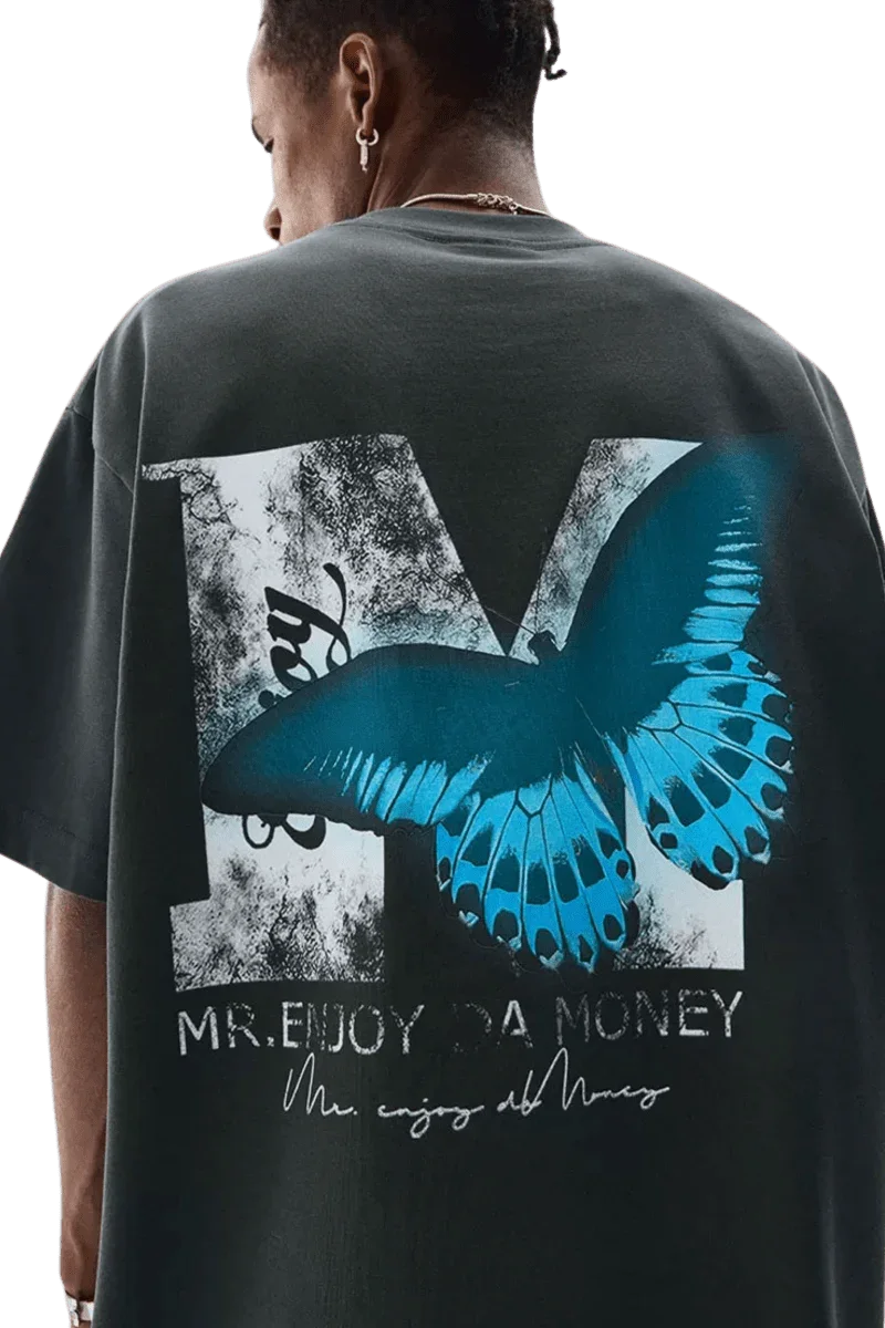 SS24 Butterfly Print Tee by Mr Enjoy Da Money featuring a vibrant blue butterfly graphic on a black shirt