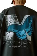 Mr Enjoy Da Money SS24 Butterfly Print Tee with striking blue butterfly design on black fabric