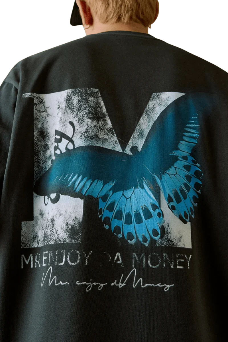 Mr Enjoy Da Money SS24 Butterfly Print Tee with striking blue butterfly design on black fabric