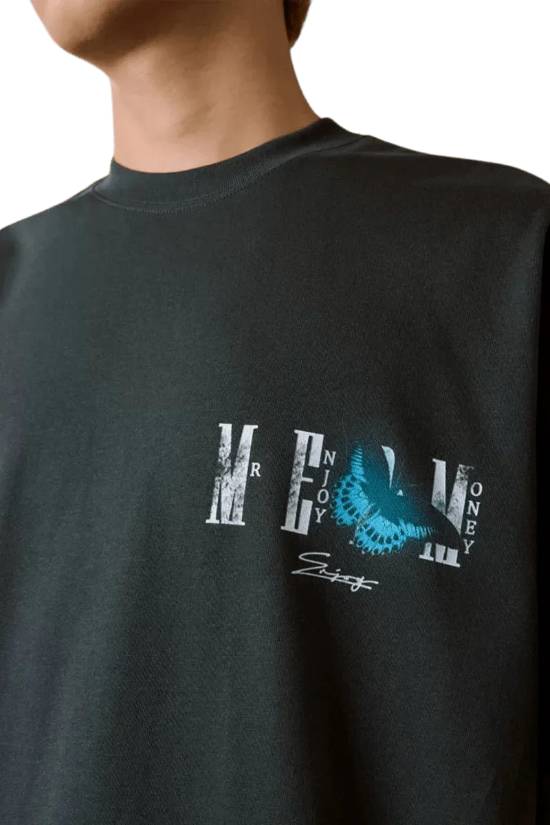 Mr Enjoy Da Money SS24 Butterfly Print Tee featuring a stylish graphic design on a dark background