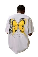 SS24 Butterfly Print Tee by Mr Enjoy Da Money featuring a vibrant yellow butterfly design on the back