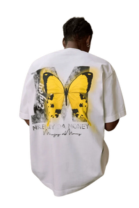 SS24 Butterfly Print Tee by Mr Enjoy Da Money featuring a vibrant yellow butterfly design on the back