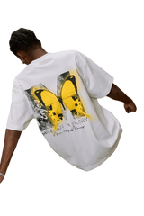 Mr Enjoy Da Money SS24 Butterfly Print Tee in white with bold yellow butterfly design on the back