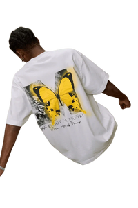 Mr Enjoy Da Money SS24 Butterfly Print Tee in white with bold yellow butterfly design on the back