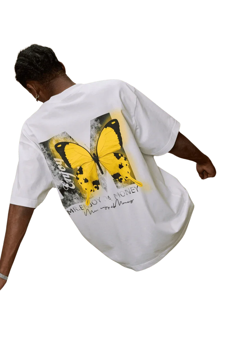 Mr Enjoy Da Money SS24 Butterfly Print Tee in white with bold yellow butterfly design on the back