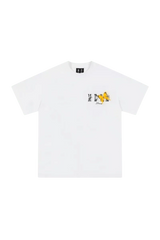 Mr Enjoy Da Money SS24 Butterfly Print Tee in white, featuring a colorful butterfly design