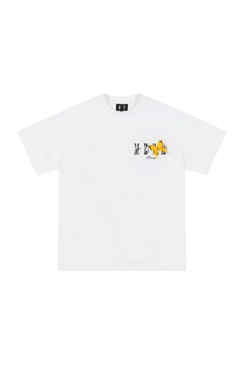 Mr Enjoy Da Money SS24 Butterfly Print Tee in white, featuring a colorful butterfly design