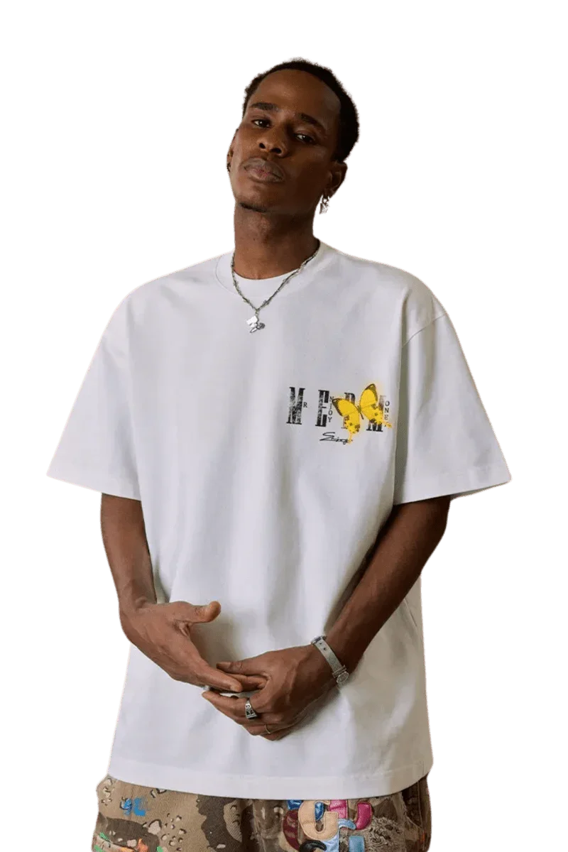 Mr Enjoy Da Money SS24 Butterfly Print Tee in White for a stylish casual look