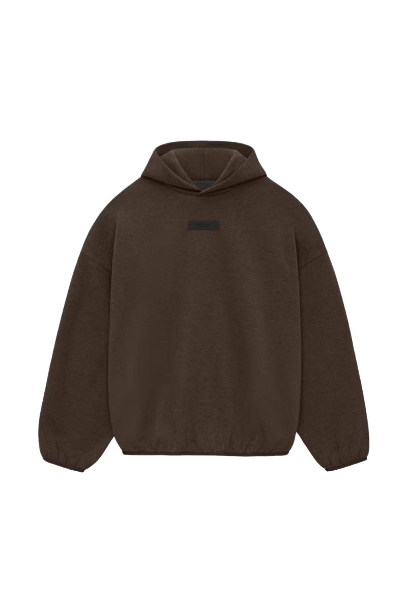 Fear Of God Essentials SS24 Heavy Jersey Arch Logo Hoodie in dark brown with a relaxed fit and minimal design