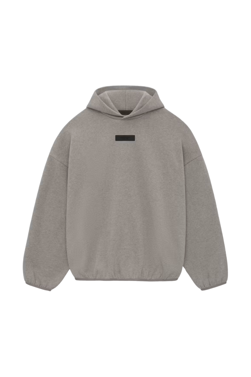 Fear Of God Essentials SS24 Heavy Jersey Arch Logo Hoodie in light grey with a minimal design.