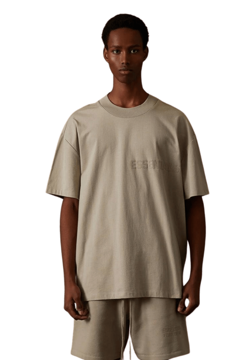 Fear Of God Essentials FW22 Flock Logo Tee in neutral tone, featuring a relaxed fit for casual wear