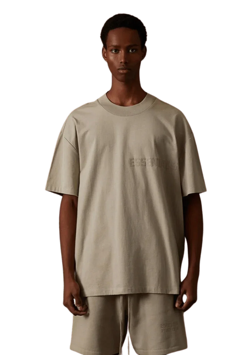 Fear Of God Essentials FW22 Flock Logo Tee in neutral tone, featuring a relaxed fit for casual wear